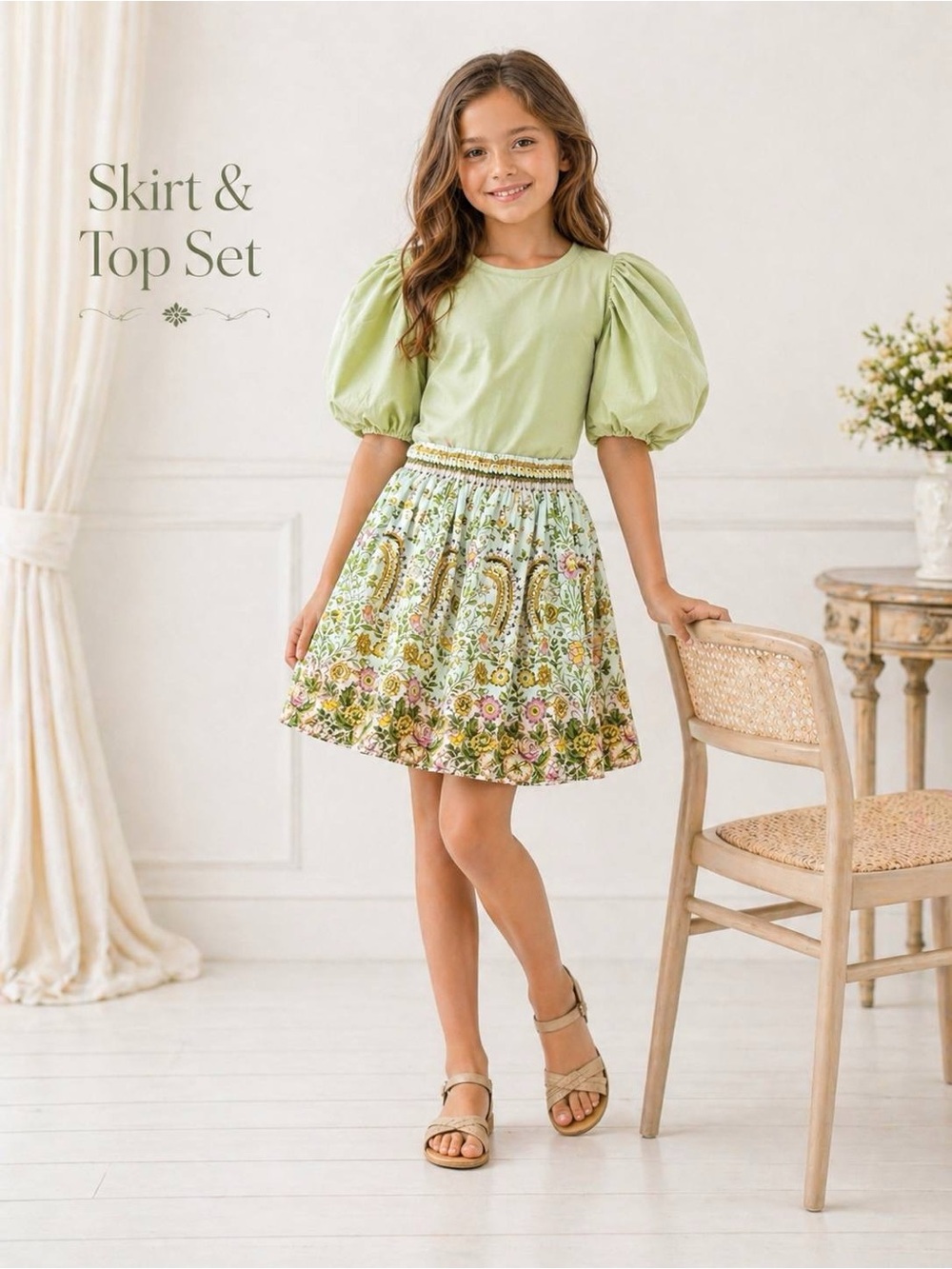 A Loves A Girls Green Top Ivory Floral Skirt 2pc Cotton Set Size M 9-10 NWT